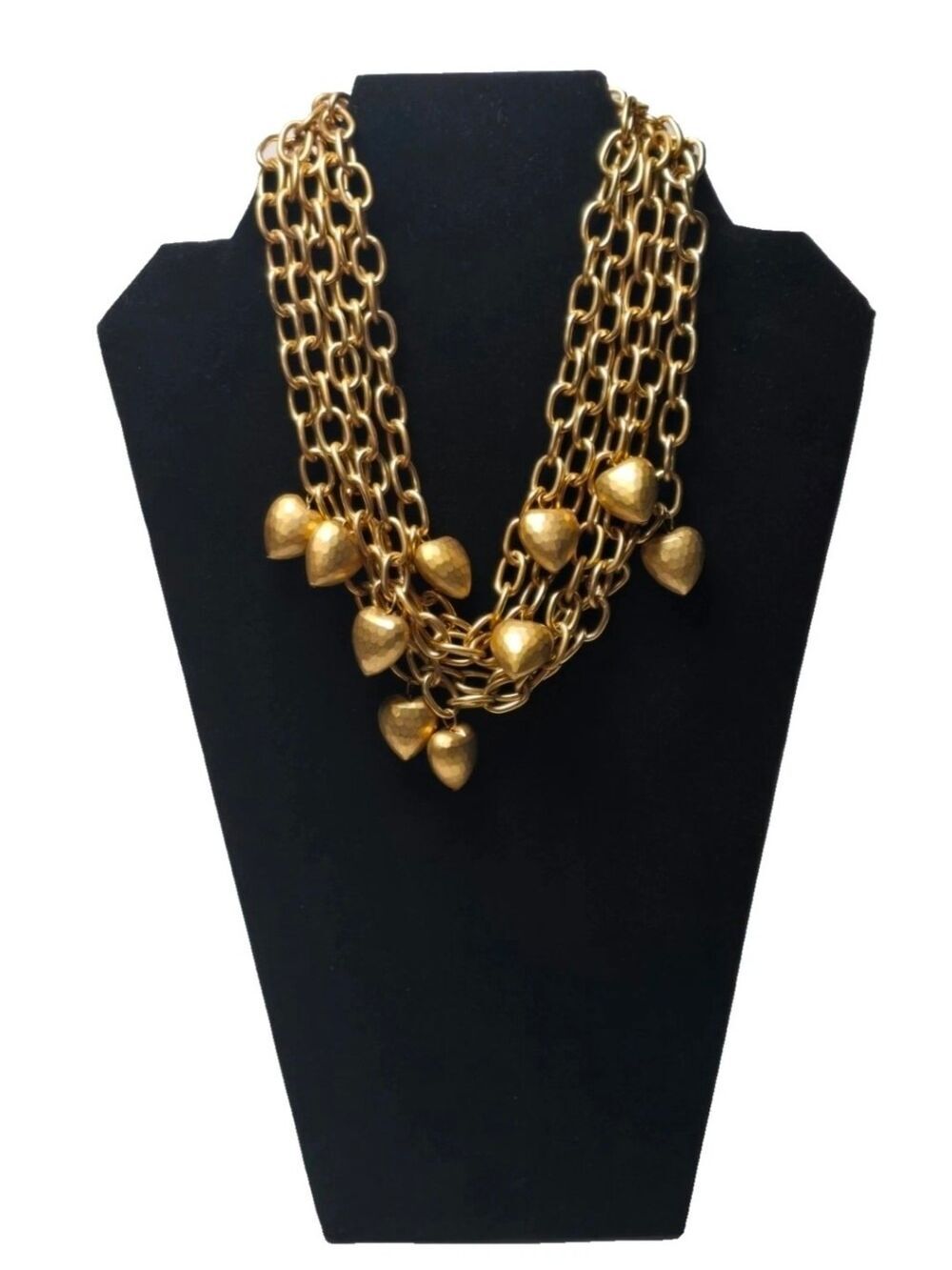 Vtg 1980s Anne Klein Signed Multi Strand Gold Tone Hammered Puffy Heart Necklace
